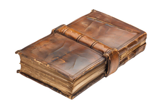 Ancient leather-bound book with worn pages. Perfect for themes of history, literature, and vintage aesthetics.