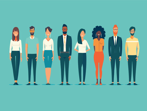 Group diverse people standing together, business casual attire represented, flat design illustration. Eight cartoon characters, variety ethnicities, clothes ranging suits casual wear, professional