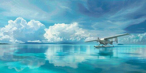 Sea plane taking off from a calm, turquoise lagoon generated by AI