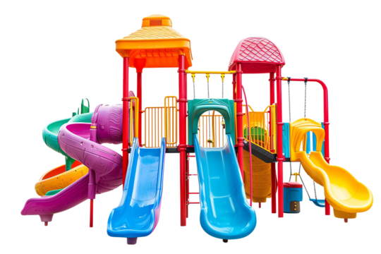 Colorful playground equipment with slides and climbing structures for children. Ideal for outdoor play and recreational activities.