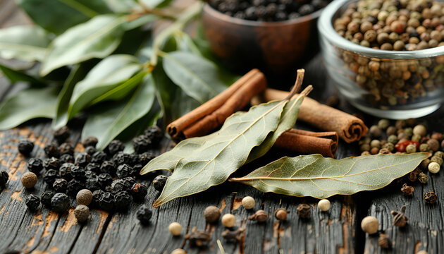 Aromatic fresh bay leaves and spices on wooden table, closeup