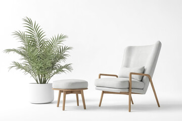 White Armchair and Ottoman with Palm Plant in a Minimalist Interior
