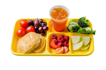Healthy school lunch tray with fruits, vegetables, a sandwich, and a drink in a yellow compartmentalized tray.