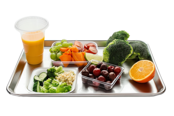 Healthy lunch tray with fresh fruits, vegetables, and a cup of juice. Balanced meal with broccoli, grapes, oranges, and mixed vegetables.