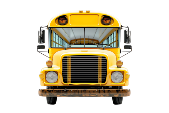 Front view of a classic yellow school bus isolated on white background, showcasing the vintage design and iconic look.
