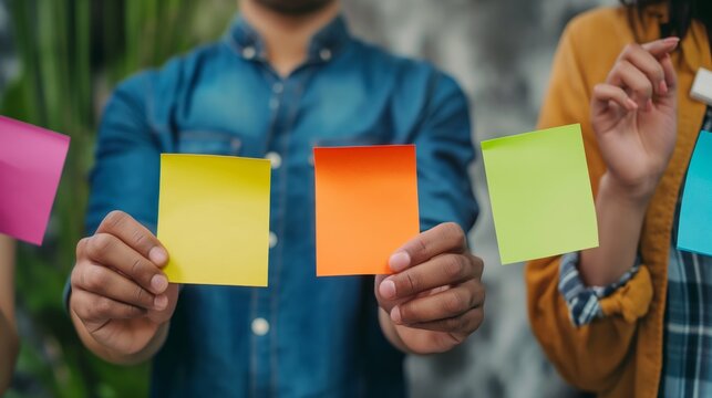 Close-up of hands presenting various bright colored sticky notes, concept of organization and ideas sharing