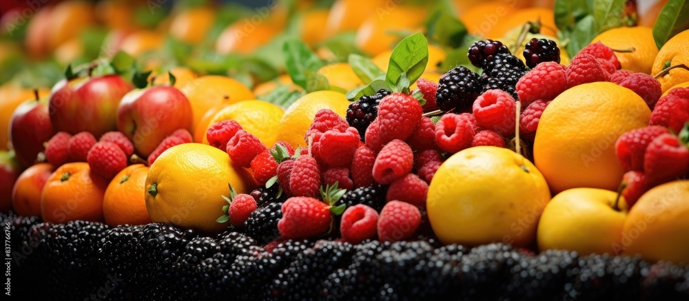 Poster Various fruits and berries are available for purchase in a market setting with a copy space image.