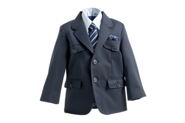 Stylish navy blue children's suit jacket with matching tie and white shirt. Perfect for formal events and special occasions.