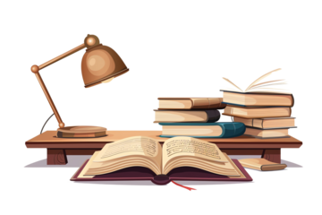 Vintage desk setup with open books, stacked novels, and a classic lamp, perfect for study or work inspiration.