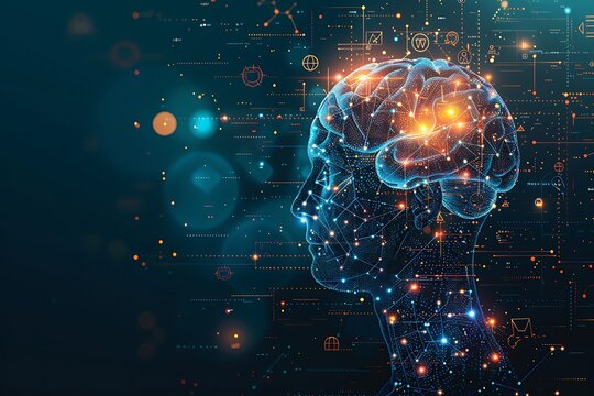 A digital brain with various mathematical and scientific symbols orbiting around it, portraying AI's vast knowledge base, with copy space