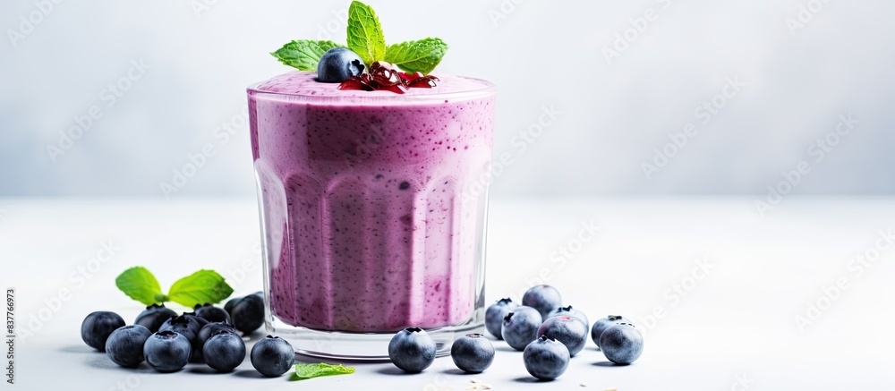 Poster homemade blueberry yogurt shake dessert in a glass on a white table background with copy space image
