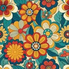 Naklejka premium Seamless pattern of retro-inspired abstract florals with bold outlines and colorful fillings, Generative AI