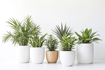 Five potted plants against a white wall