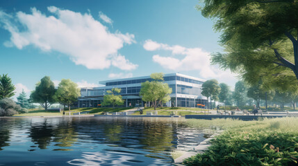 Fototapeta premium Serene Lakeside Business Park Facade