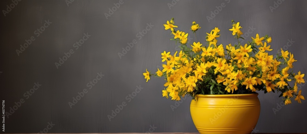 Poster Pot with vibrant yellow flowers, providing a colorful touch to your space; ideal for adding a pop of color to any room and a perfect copy space image.