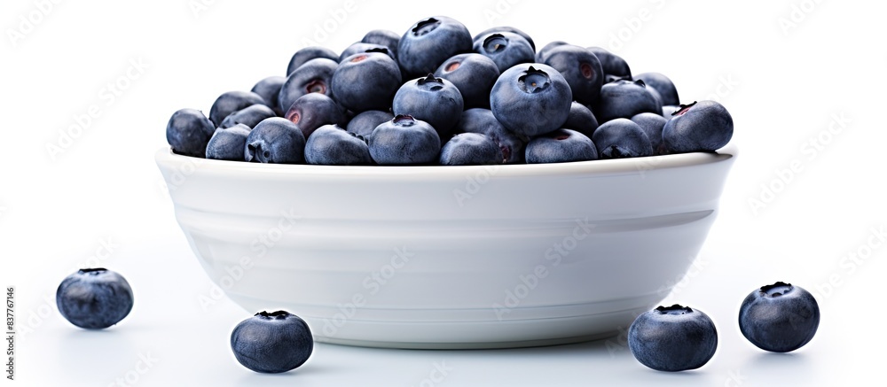 Poster a bowl filled with fresh raw blueberries against a white background for a copy space image.