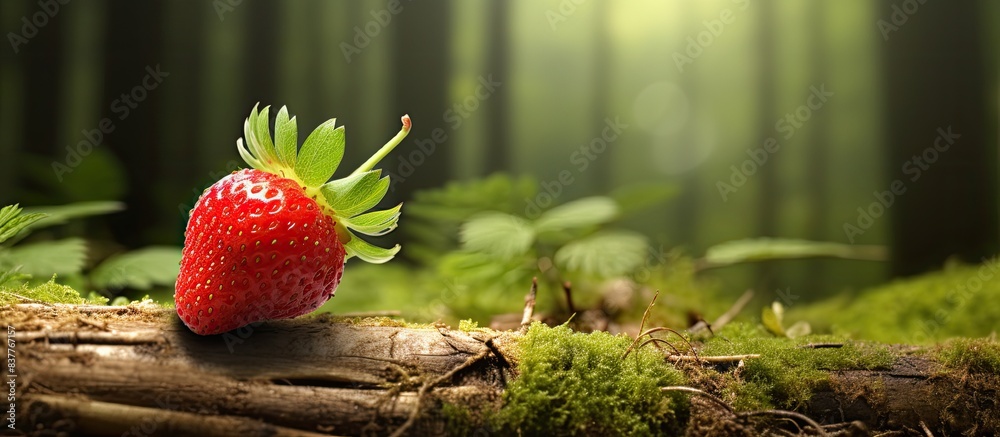 Poster Organic strawberry from a forest setting with a natural appearance against a copy space image for organic food advertisement.