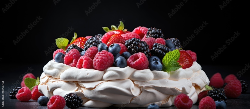 Poster pavlova adorned with an assortment of fresh berries, against a blank background in a copy space imag