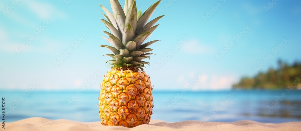 Poster pineapple, a tropical fruit, is shown in a image with selective focus on a copy space image.