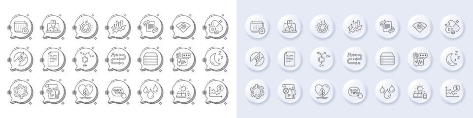 Document, Marketing and Gear line icons. White pin 3d buttons, chat bubbles icons. Pack of Telemedicine, Coronavirus, Moon icon. Journey path, Chemical formula, Cholecalciferol pictogram. Vector