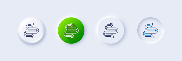 Intestine line icon. Neumorphic, Green gradient, 3d pin buttons. Healthy bowel, digestion sign. Intestines colonoscopy symbol. Line icons. Neumorphic buttons with outline signs. Vector