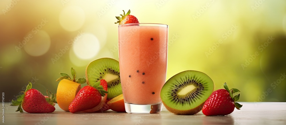 Poster blend strawberry with kiwifruit juice for a refreshing beverage, perfect for summer with a vibrant c