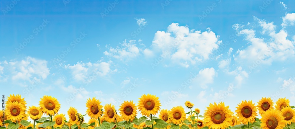 Poster Mature sunflower field with a scenic background and texture viewed from the side, ideal for copy space image.