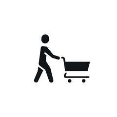 Man goes with shopping cart simple glyph icon. Vector solid isolated black illustration.