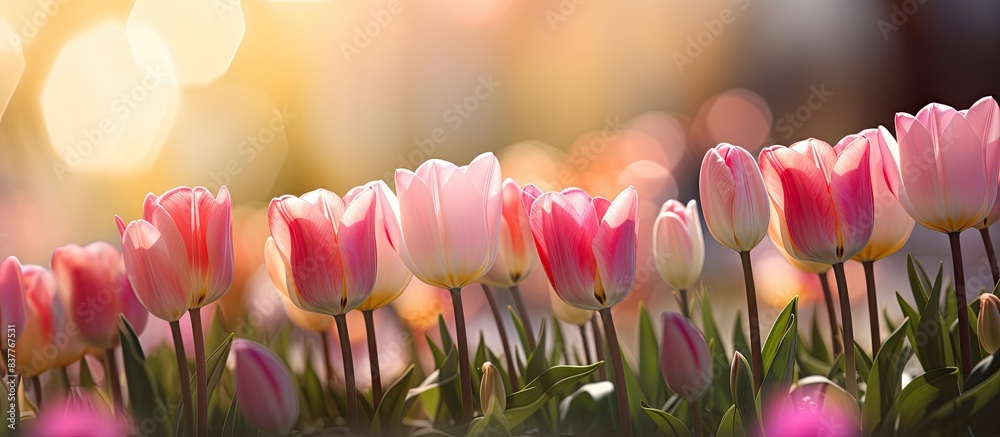 Poster tulip flowers in full bloom in a spring garden, illuminated by sunlight. background is blurred with 