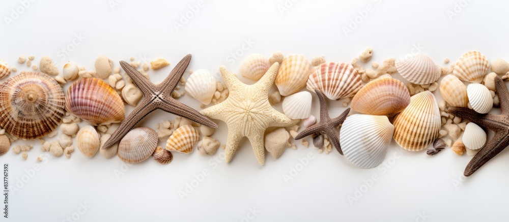 Poster Top view of sea shells arranged in a sand pile on a white background, with space for text or image.