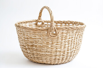 Fototapeta premium Woven wicker basket with handle on white background