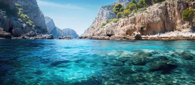 A scenic Mediterranean cove with crystal clear blue waters, surrounded by cliffs, featuring visible stones on the seabed; ideal for a copy space image.