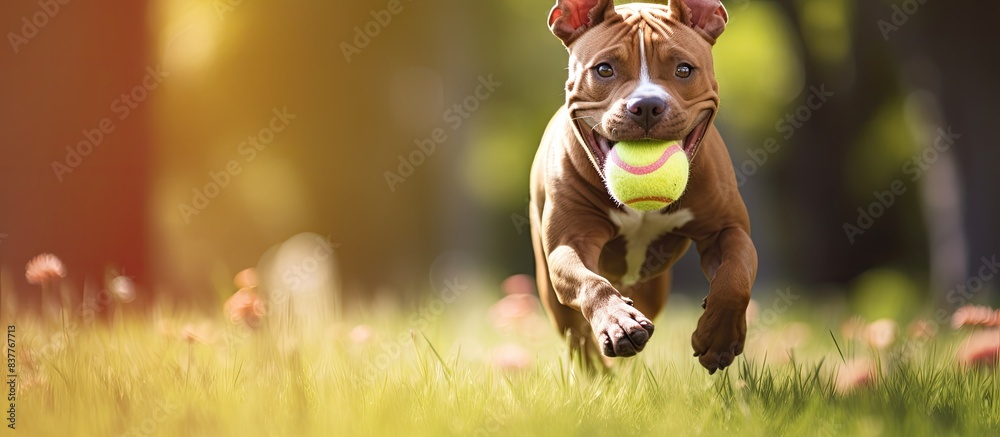 Aufkleber a brown pitbull dog running on grass with a toy in its mouth, with a background of copy space image 