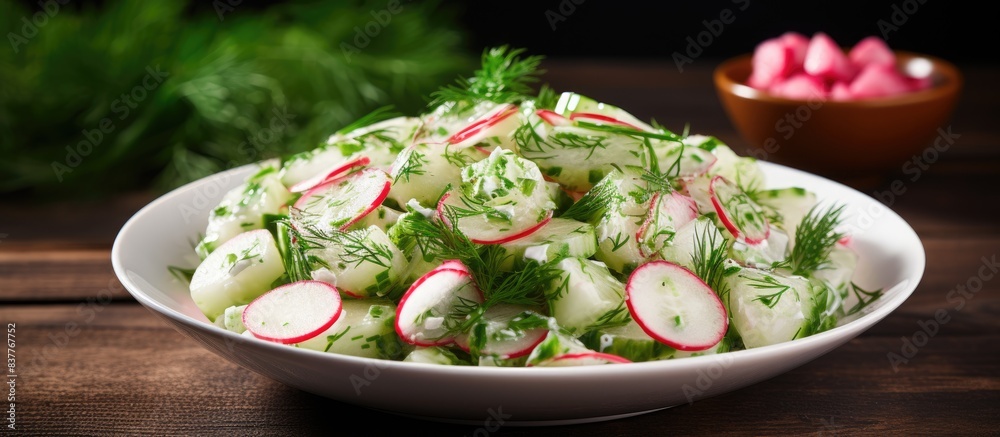 Poster Radish cucumber salad garnished with fresh dill for a refreshing copy space image.