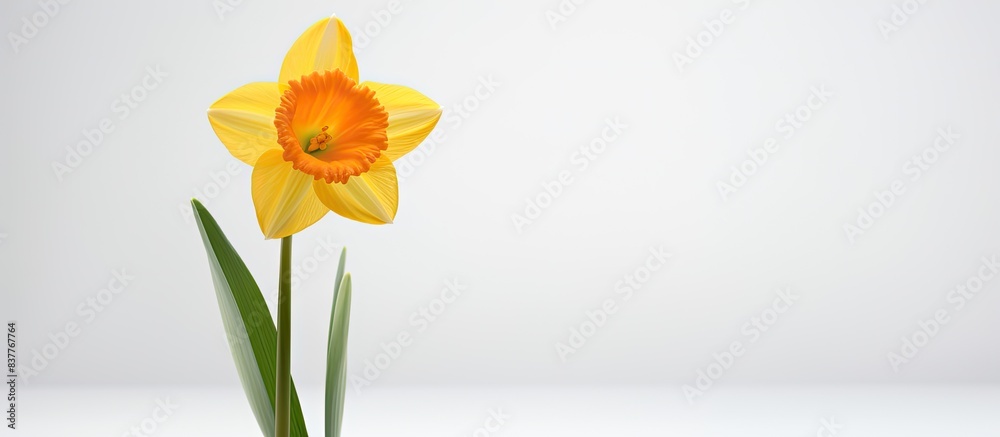 Poster stunning daffodil stands alone on a white backdrop, with copy space image available.