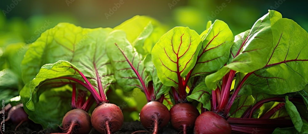 Poster beetroot leaves in the garden with beetroots grown for edible roots and colorful salad leaves, featu