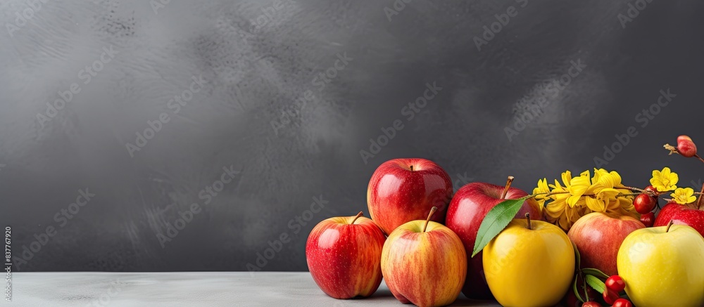 Poster Red and yellow apples displayed on a table with a grey background, ideal for a copy space image, emphasizing the concept of healthy eating.