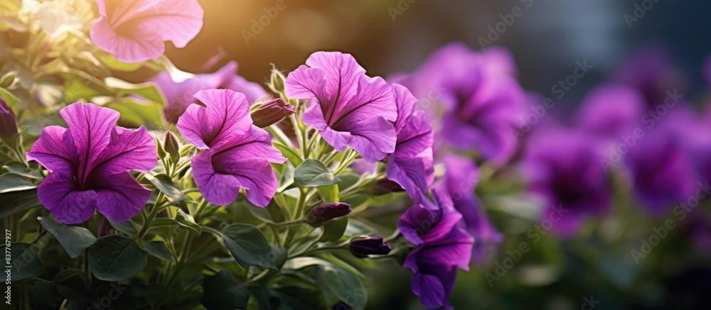 Poster vivid purple mexican petunia thrives in lush garden setting with greenery, creating a serene and col
