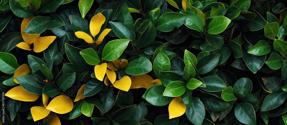 Poster An image showing a detailed view of a bush with leaves split between green and yellow colors, providing a striking contrast in colors, with copy space image.