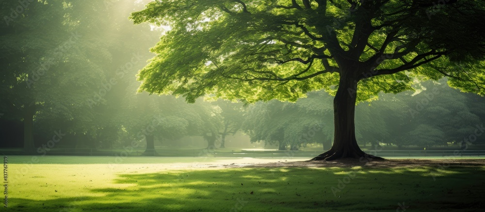 Poster a verdant tree casting a shadow in a serene park setting, providing the perfect ambiance for a tranq