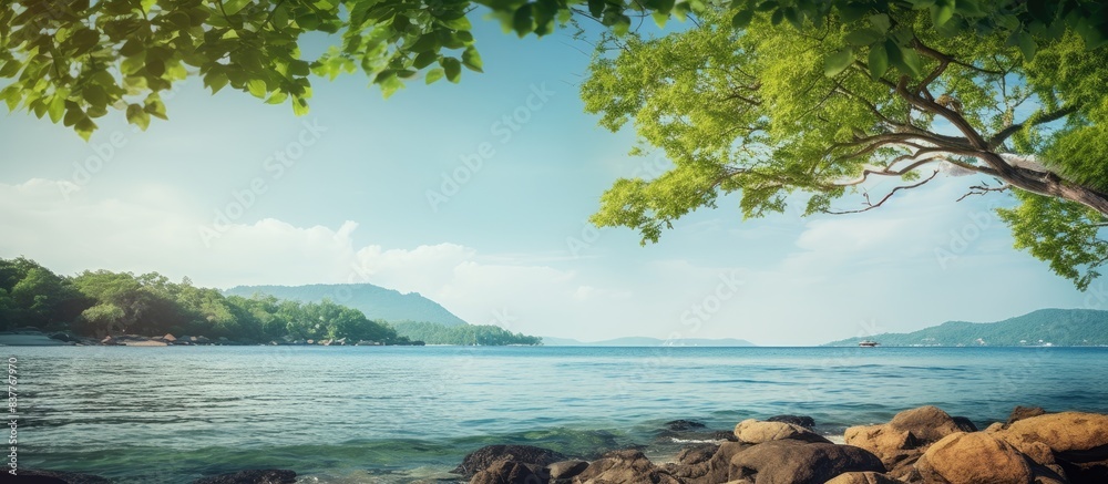 Poster the picturesque view of verdant trees by the shoreline in a copy space image.