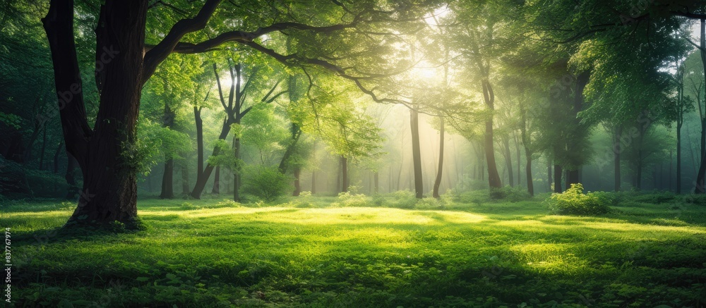 Poster During the spring season, sunlight filters through the lush green forest, creating a serene atmosphere. A copy space image could capture this tranquil scene.