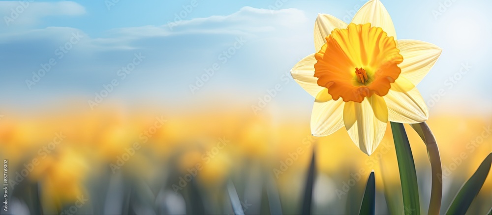 Poster yellow double daffodil flower blooming against a blurry background on a sunny day, symbolizing the a