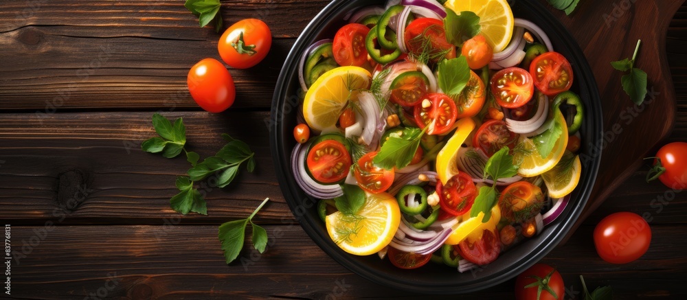 Fototapete vegetable salad with orange slices displayed on a rustic wooden background with a pan in the shot fo