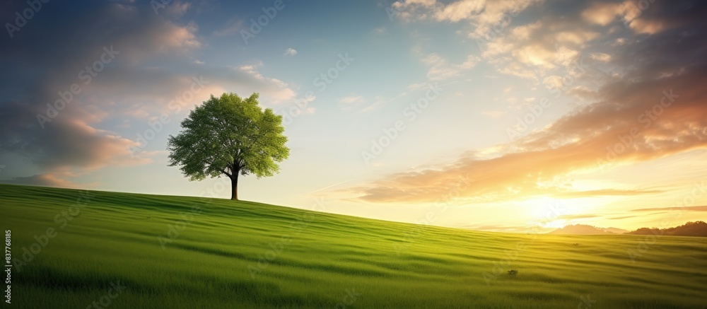Poster An evening summer sunset setting the scene for a solitary tree in a green grass field, creating a captivating copy space image.
