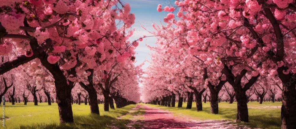 Poster orchard with sour cherry trees, perfect for a copy space image.