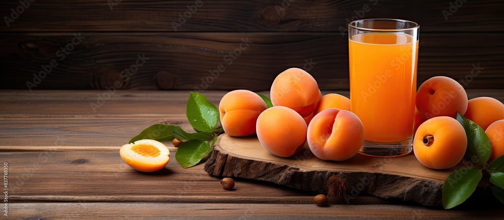 Poster Apricots and apricot juice arranged in a flat lay composition on a wooden background, with a designated copy space image.