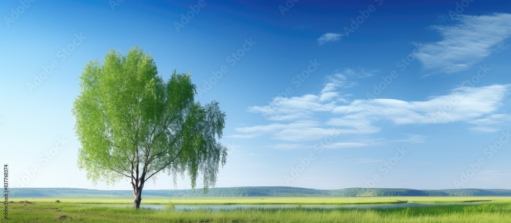 Poster a serene summer landscape showing a solitary birch tree against a scenic backdrop with vast copy spa