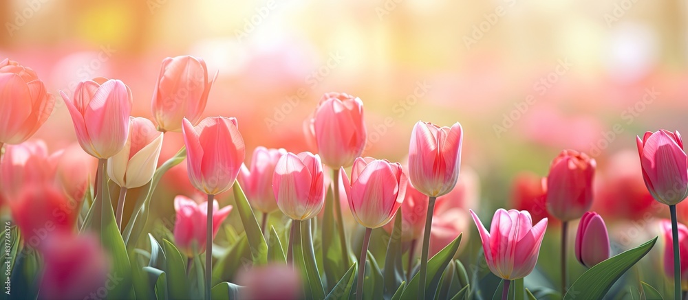 Poster Vibrant tulips blooming in a garden at sunset with a blurred bokeh background, creating a soft and pastel image with copy space.