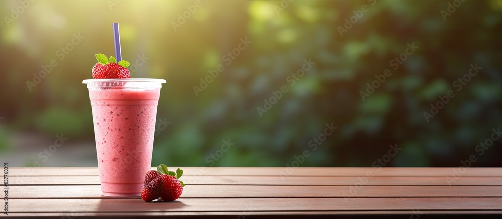 Poster Refreshing smoothie in a plastic cup displayed on a rustic wooden table outdoors with ample copy space image.
